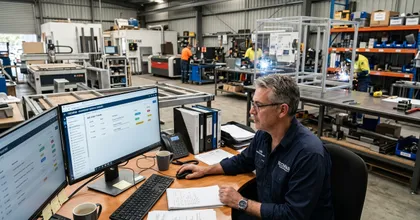 Taller de producción personalizada con órdenes de servicio en pantalla